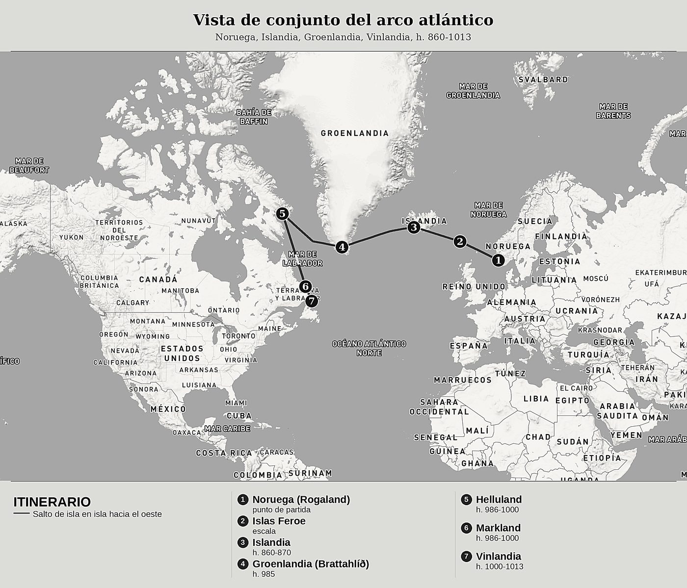 Mapa general de Los Descubridores del Atlántico Norte de Sagas norroises (Landnámabók, Íslendingabók, Sagas du Vinland), norte arriba: noruega, islandia, groenlandia, vinlandia, h. 860-1013.