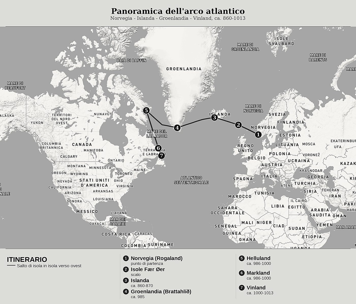 Mappa d'insieme di Gli Scopritori dell'Atlantico del Nord di Sagas norroises (Landnámabók, Íslendingabók, Sagas du Vinland), nord in alto: norvegia - islanda - groenlandia - vinland, ca. 860-1013.