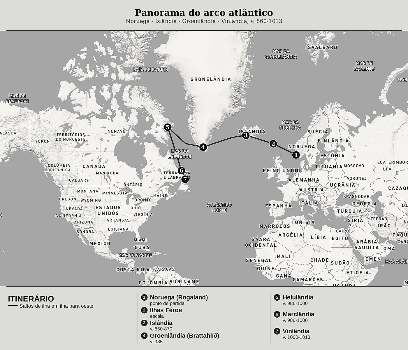Mapa geral de Os Descobridores do Atlântico Norte de Sagas norroises (Landnámabók, Íslendingabók, Sagas du Vinland), norte em cima: noruega - islândia - groenlândia - vinlândia, v. 860-1013.