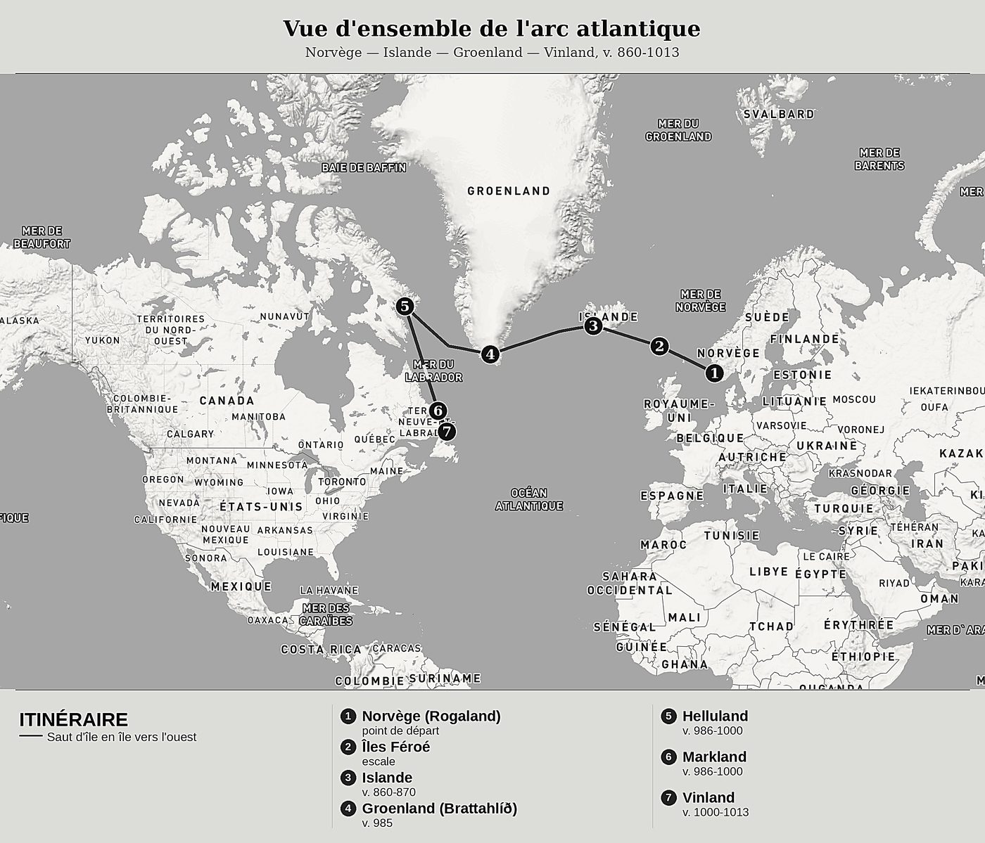Carte d'ensemble de Les Découvreurs de l'Atlantique Nord de Sagas norroises (Landnámabók, Íslendingabók, Sagas du Vinland), nord en haut : norvège — islande — groenland — vinland, v. 860-1013.