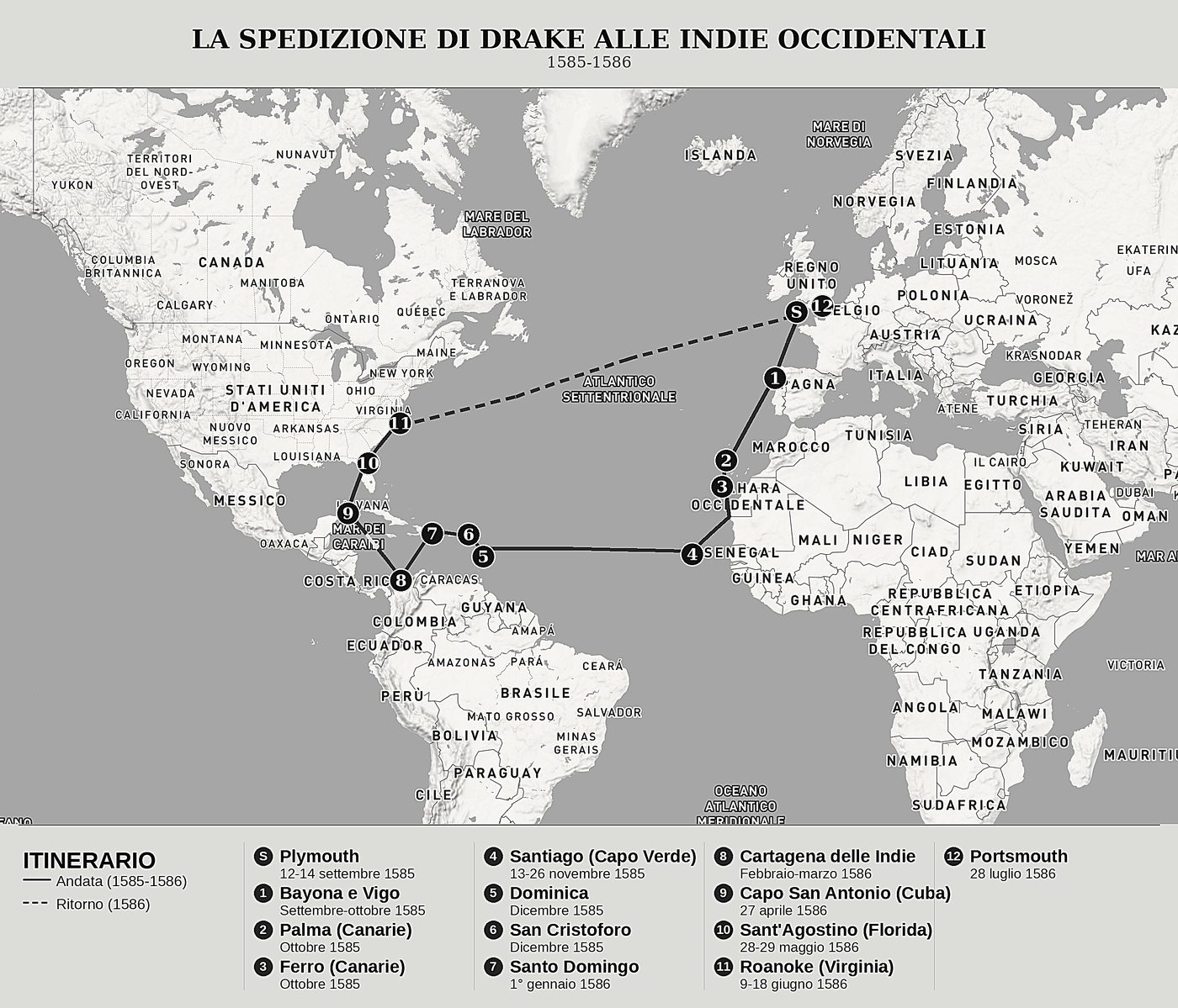 Mappa d'insieme di La spedizione di Drake alle Indie Occidentali di Walter Bigges, nord in alto: 1585-1586.