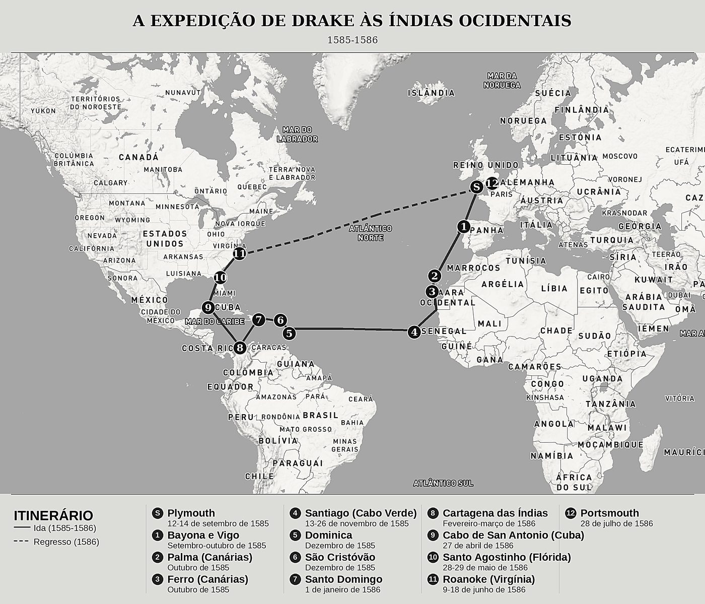 Mapa geral de A expedição de Drake às Índias Ocidentais de Walter Bigges, norte em cima: 1585-1586.